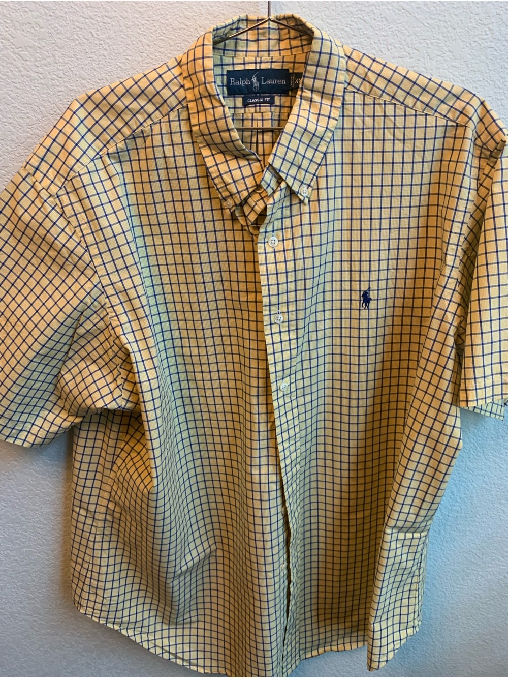 Ralph Lauren Yellow Button-Down Short Sleeve Shirt with Blue Windowpane